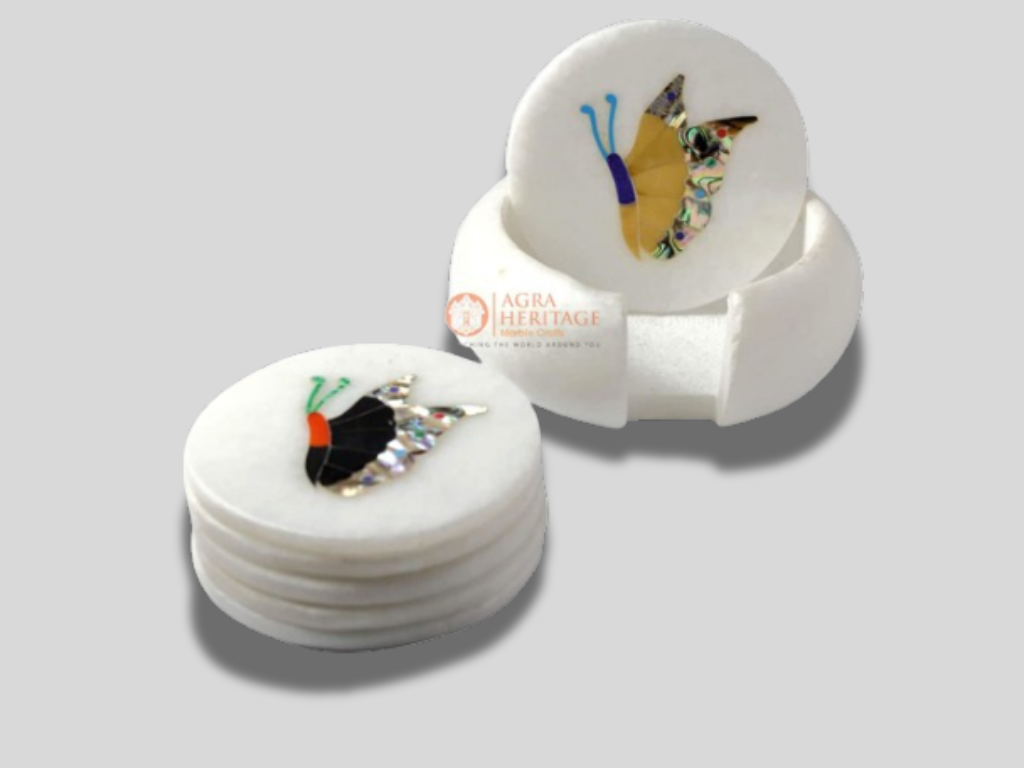 Round Marble Coaster Set Butterfly Inlay Floral Home Decor Gifts